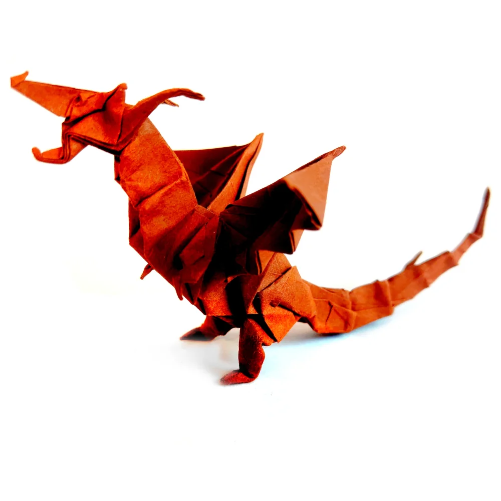 Origami Drache braun, Fiery Dragon Frontansicht Halbprofil