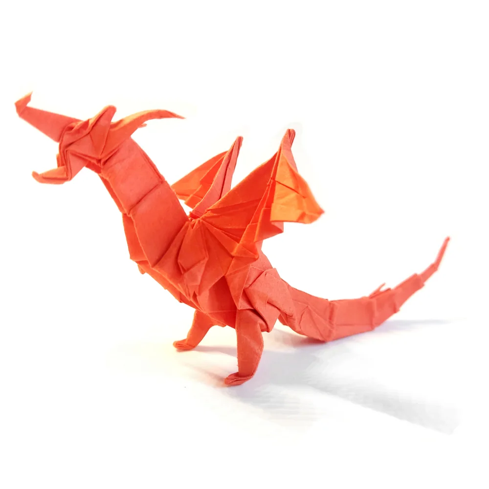 Origami Drache orange, Fiery Dragon Frontansicht Halbprofil